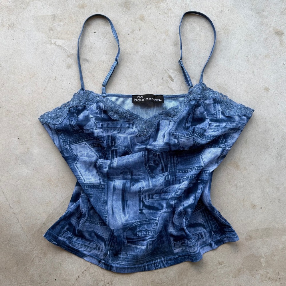 No Boundaries Blue Denim Print Lace Trim Cami Top Y2K Vintage Style Camisole